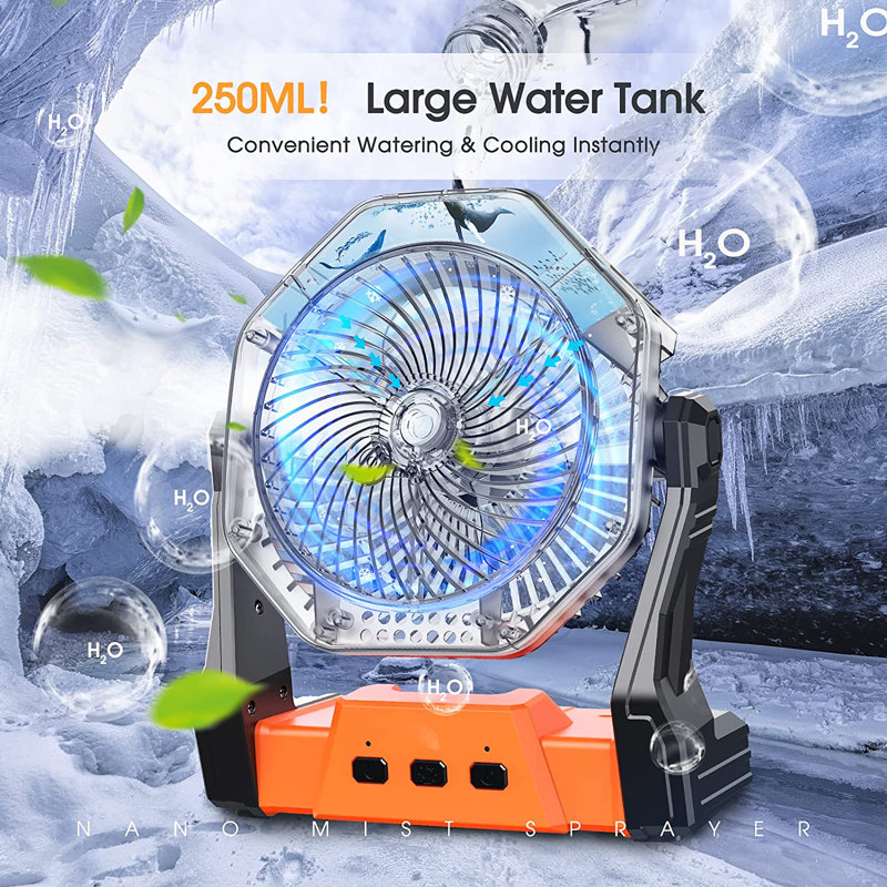 CG INTERNATIONAL TRADING 2023 Upgraded Misting Fan Camping Fan With LED Light 250Ml Water Tank 10000Mah Battery Operated Rechargeable Portable Fan Outdoor Fan With Light Hook USB Fan For Bedroom Table